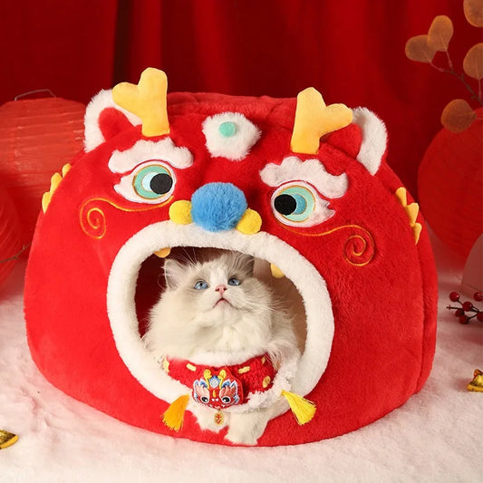 Chinese New Year Cat Bed – Warm Lion Dance-Themed Pet Nest for Autumn & Winter